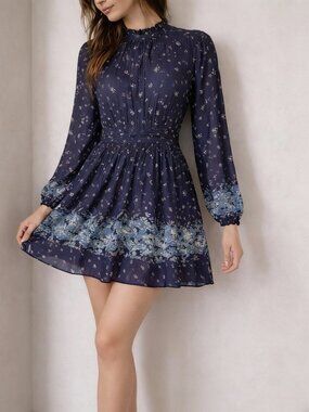 Let Me Be Blue Floral Cottagecore Prairie Romantic Mini Dress Size XL